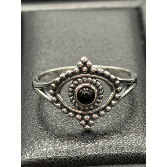 New Condition Sterling Silver Evil Eye Onyx Ring Size 7 - Picture 9 of 11